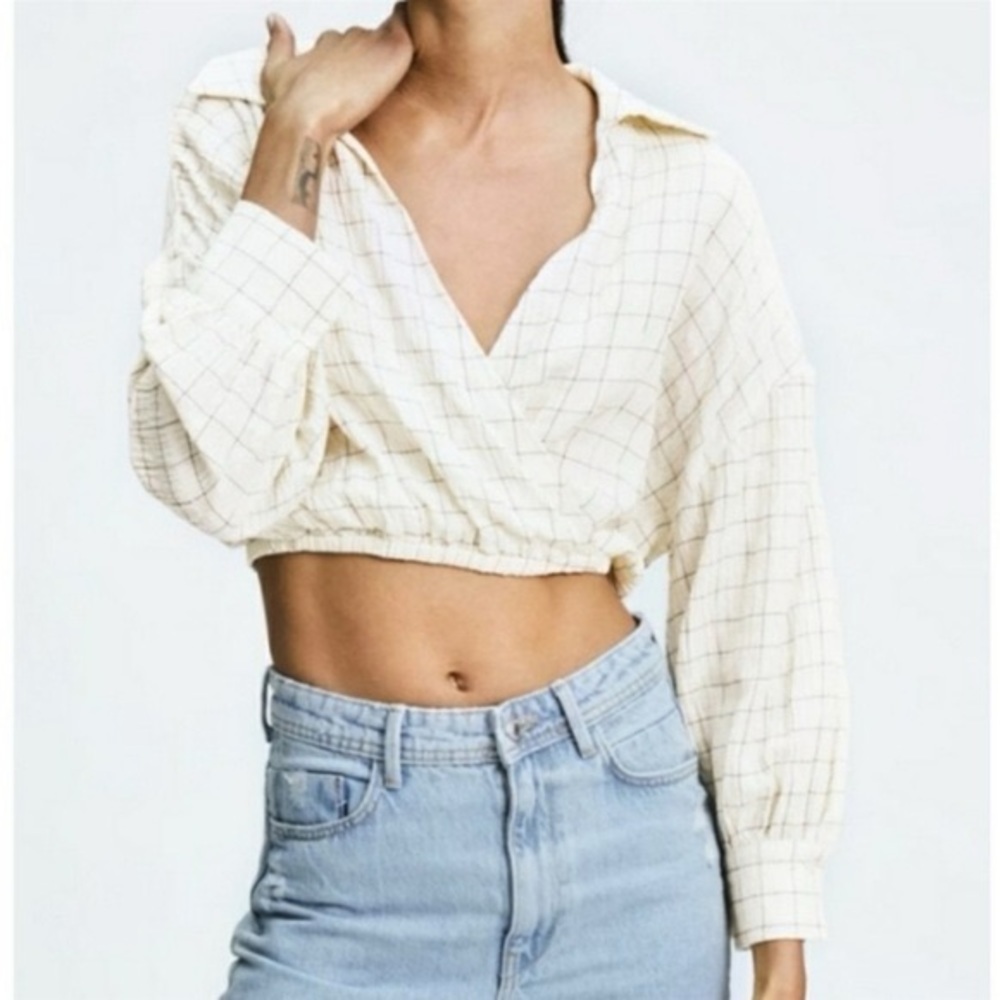 NWT Zara cropped plaid checked wrap top size L